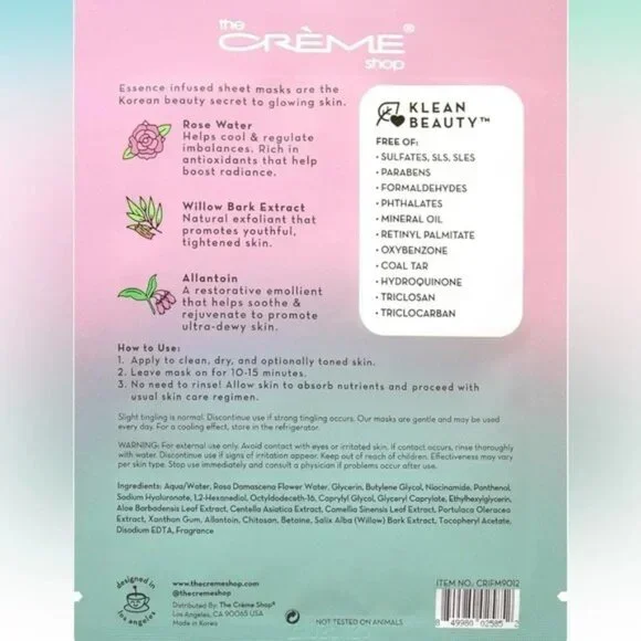 The Crème Shop Rose Water Klean Beauty Essence Sheet Mask NIB - Picture 2 of 2
